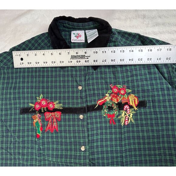 Nutcracker Womens Embroidered Holiday Christmas Plaid Button-Up Shirt XL Green - Picture 5 of 8